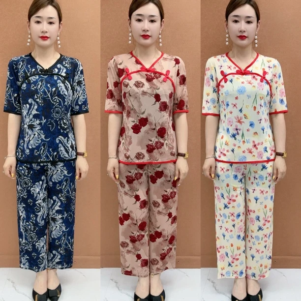 夏季V领套装网红复古民族风上衣+9分阔腿裤两件喜庆民族舞蹈服