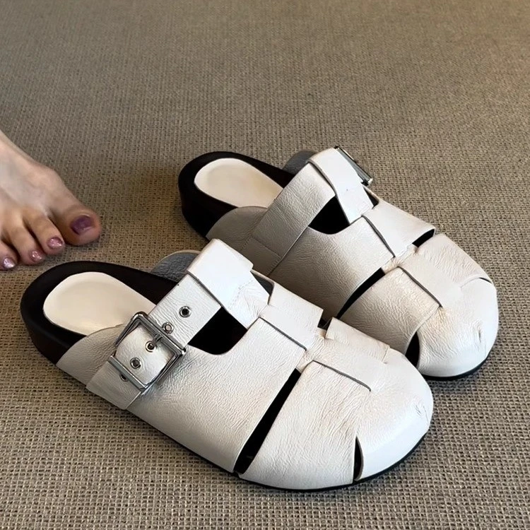 羊皮版~韩版时尚厚底增高包头半拖鞋女复古镂空皮带扣一字勃肯鞋