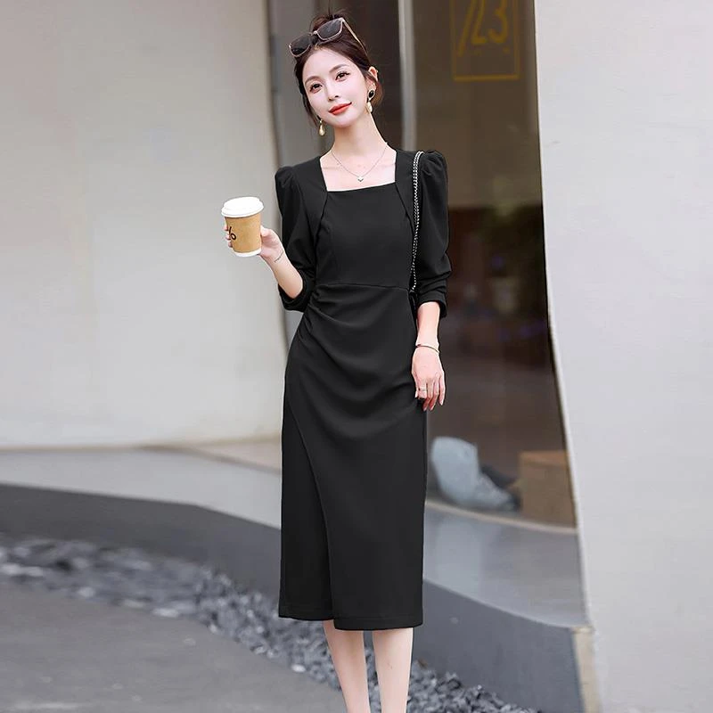 法式收腰开叉连衣裙女欧洲站今年年夏季新款赫本风气质显瘦小黑裙