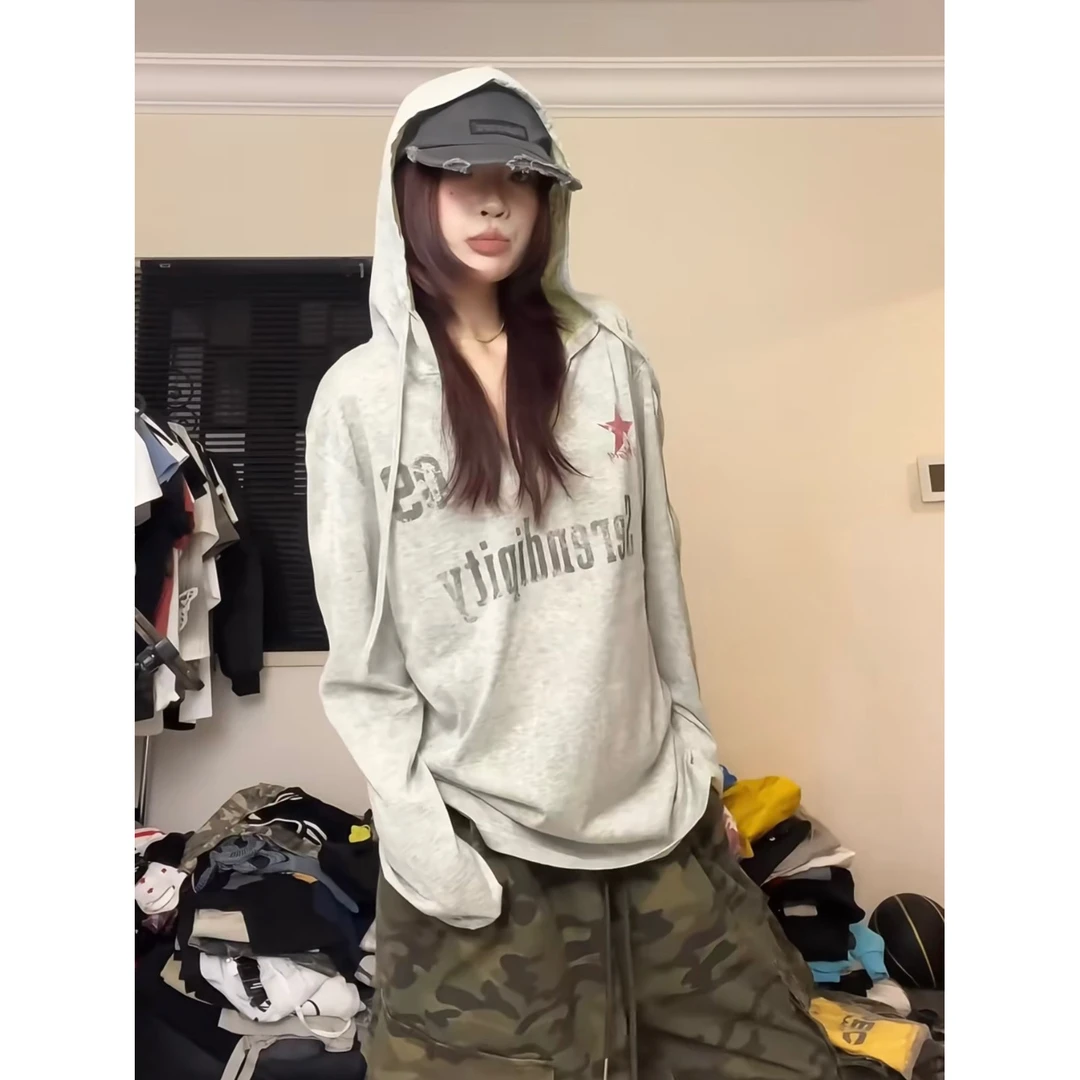 美式高街斑驳字母V领长袖罩衫女夏季运动薄款连帽防晒空调衫上衣