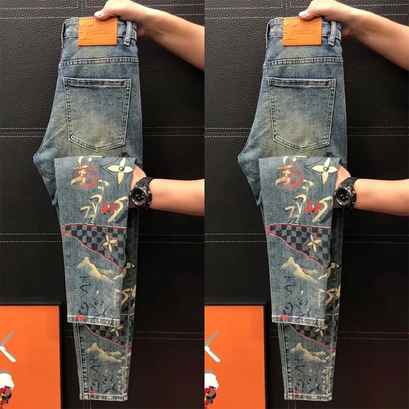 彩绘牛仔裤男士2025春秋百搭轻奢休闲裤时尚弹力欧货潮牌小直筒裤