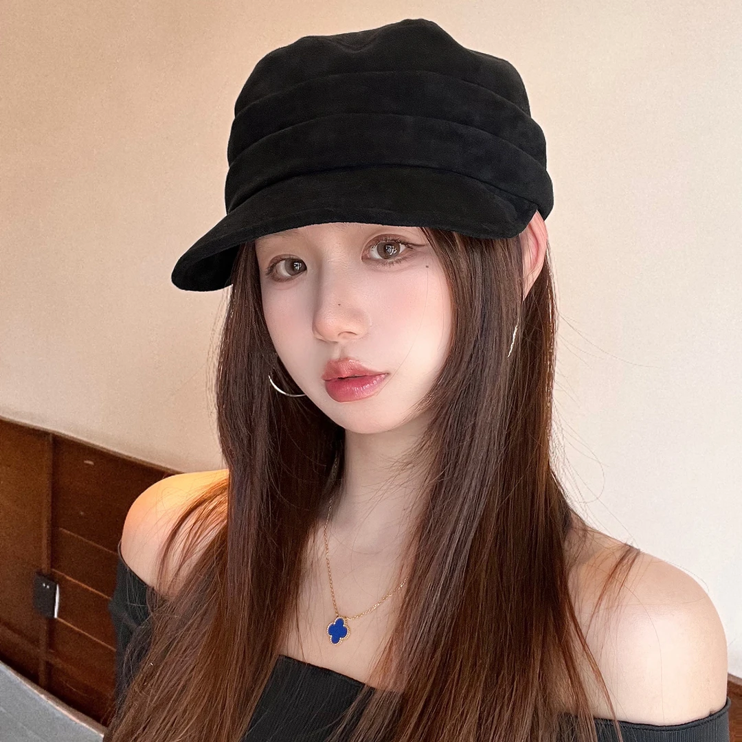 2025新款麂皮绒马术帽女款大头围显脸小帽子平顶鸭舌帽百搭秋冬款
