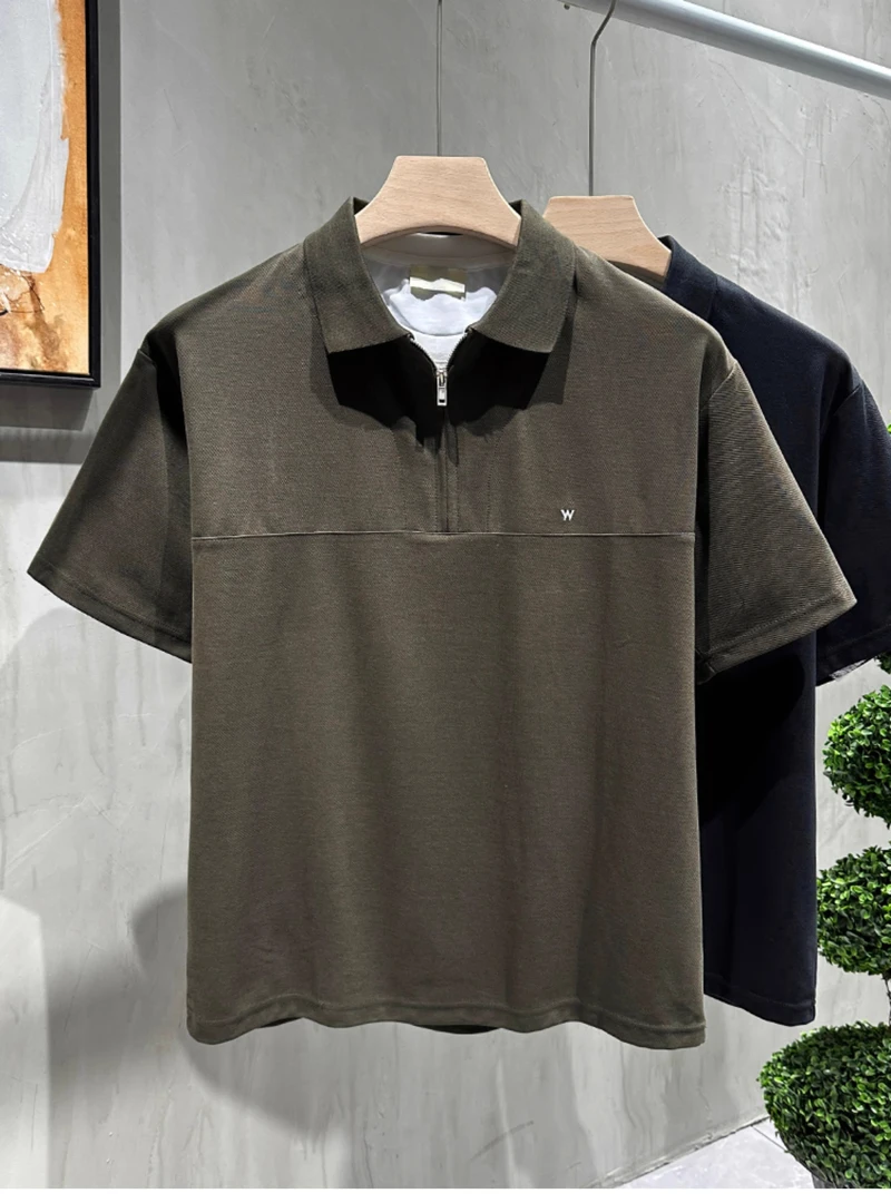 假两件美式重磅领短袖t恤男士polo衫落肩袖透气翻领微阔T恤保罗衫