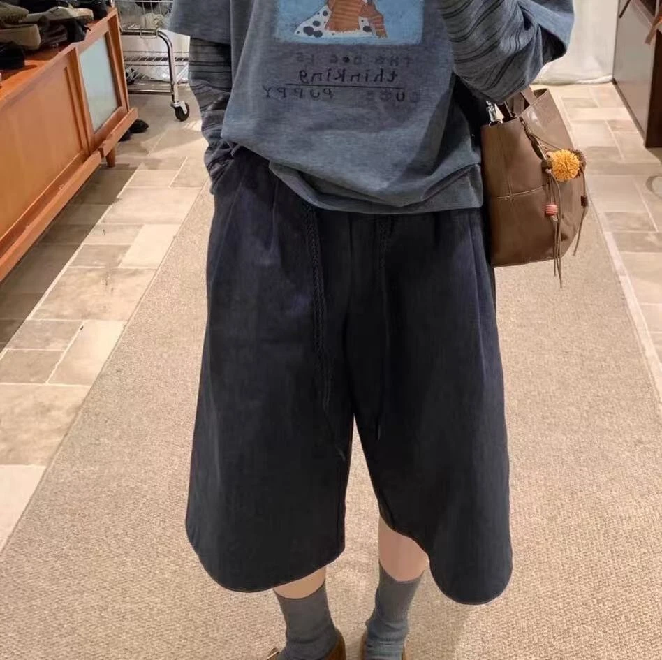 欧货灯芯绒八分裤小个子阔腿裤女2025秋季新款高腰宽松休闲直筒裤