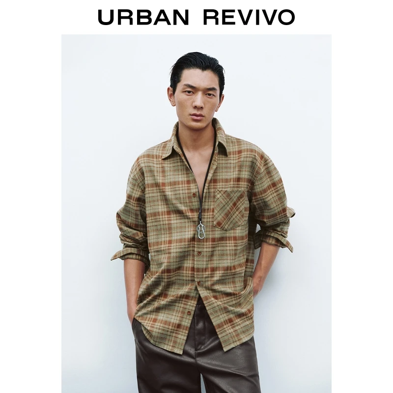 UR2026春季新款男装琥珀流光风格纹超宽松开襟衬衫UMF250095