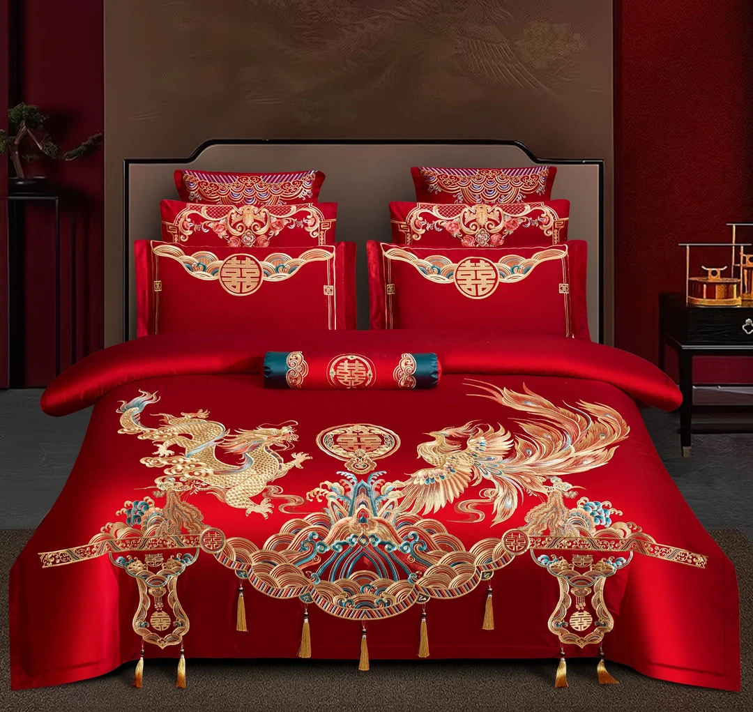 【九五至尊】婚庆八件套大红色床品套件被套绣花床上用品婚房中式
