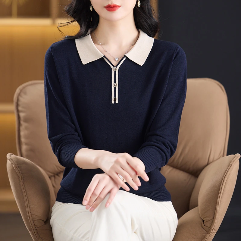 羊毛翻领针织打底衫春秋长袖上衣妈妈春装2025年新款女装早春毛衣