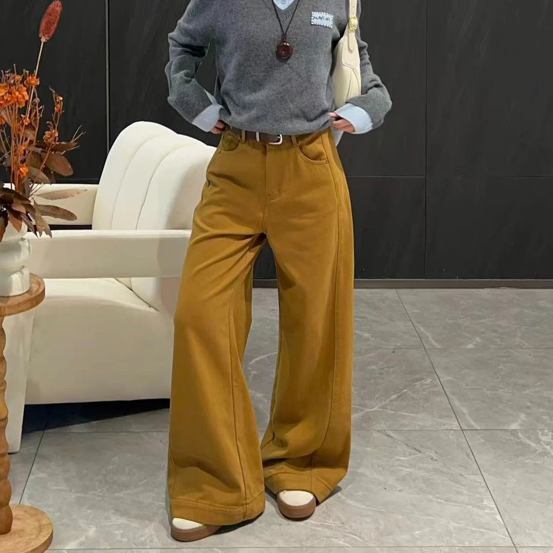 KIKI严选：33636-YER家欧货南油秋冬雪妮绒花腰带筒喇裤加厚休闲