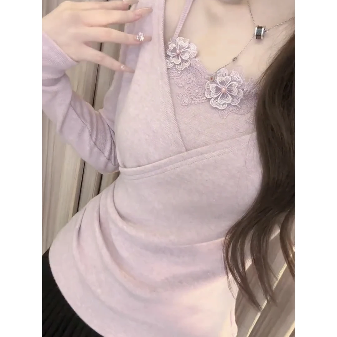 法式重工花朵蕾丝显瘦长袖T恤女秋冬绝美超好看假两件打底衫上衣