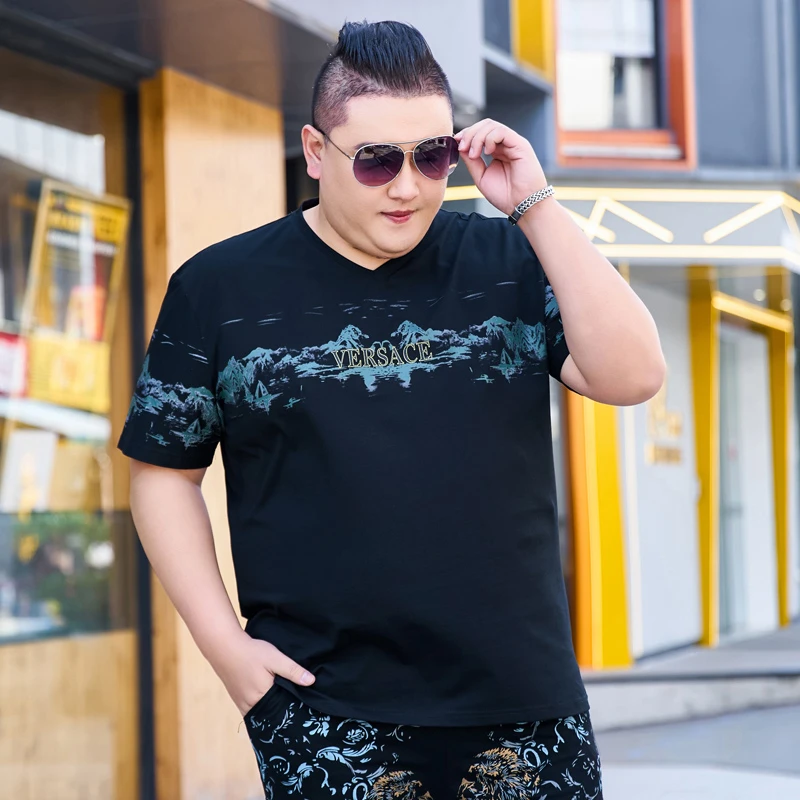 潮流男士加肥加大码短袖印花简约冰凉T恤短袖夏装超大号体恤7XL