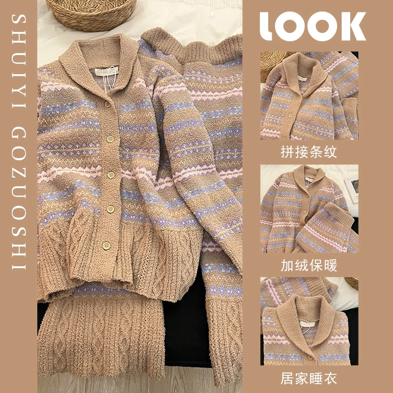 韩版甜美加厚加绒睡衣女秋冬季新款软糯开青少年三层加绒加厚睡衣