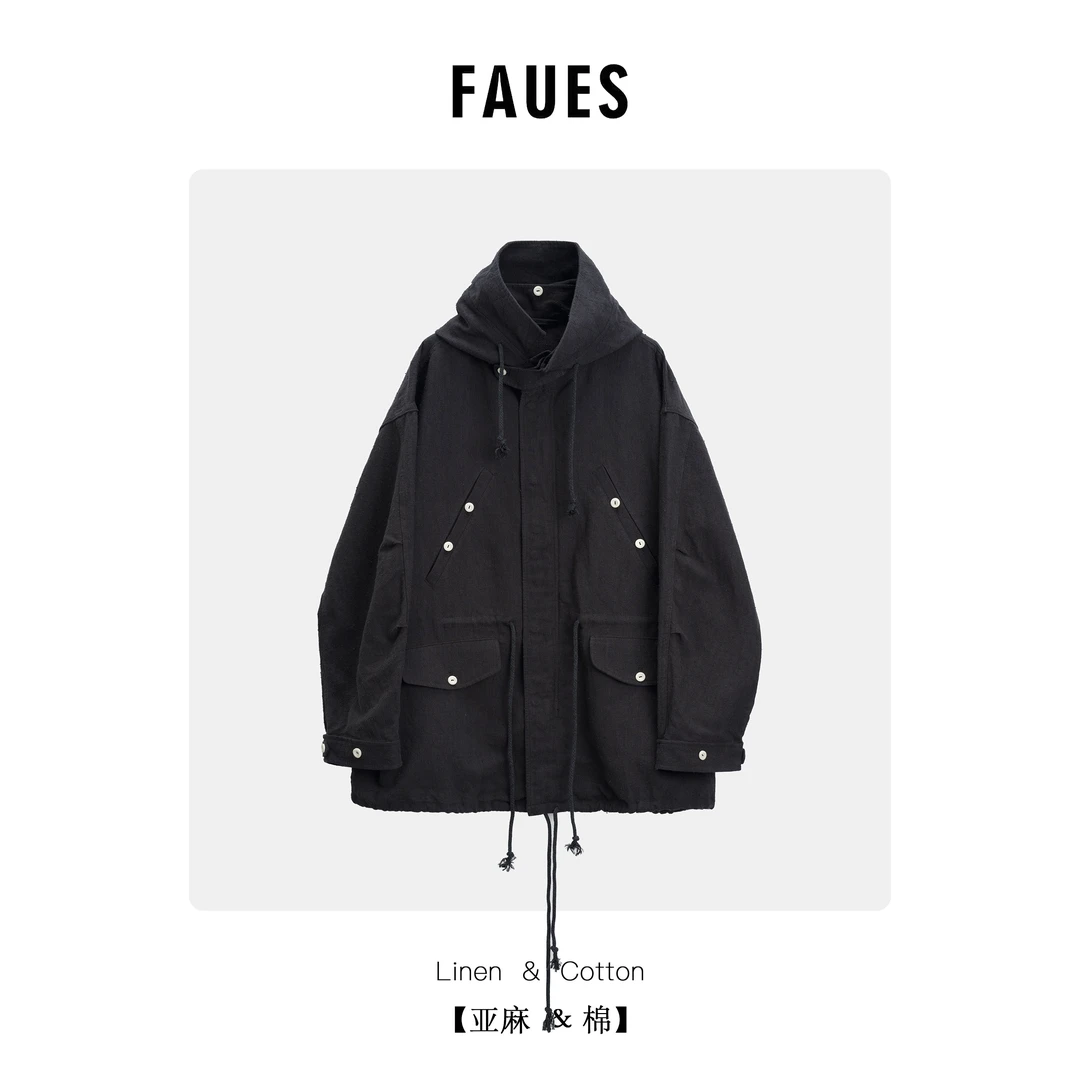 FAUES 混沌句点 日本颗粒麻棉重工复古文艺抽绳多袋连帽风衣外套