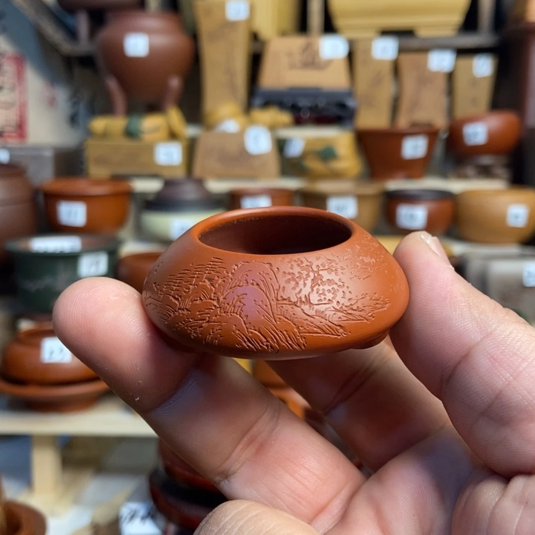 紫砂花盆孙伟手工制作带刻绘，内口经尺寸3×1.5