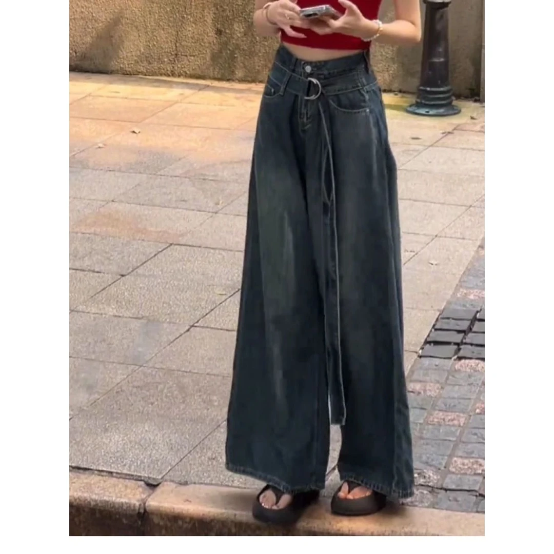 复古宽松水洗仔阔腿拖地裤女夏季韩版休闲显瘦高腰直筒长裤