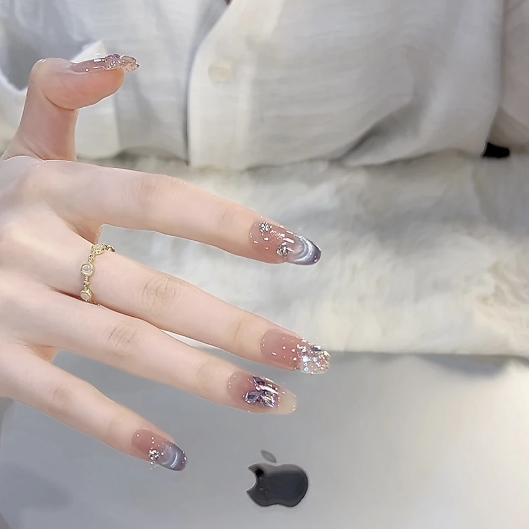 【星芒紫蝴蝶】野世穿戴甲 紫色拼钻蝴蝶  猫眼法式气质美甲