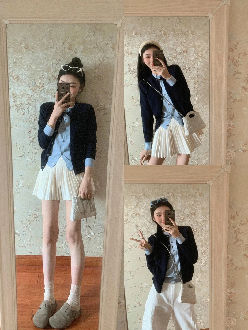 春季新款韩系假两件针织开衫显瘦白色百褶半身裙阔腿裤子套装