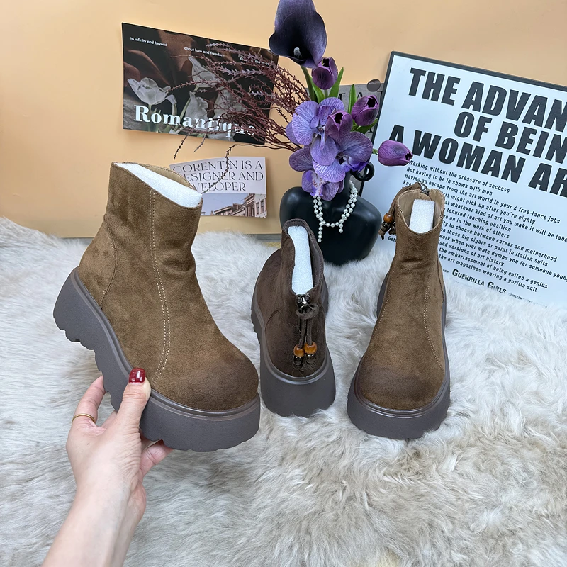 厚底增高切尔西短靴女2025冬季新款后拉链洋气爆款勃肯加绒马丁靴