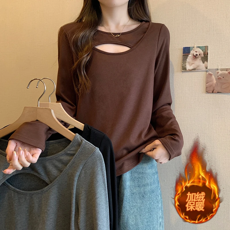 大码女装202秋装新款时尚设计感胖mm百搭加绒打底衫上衣8396