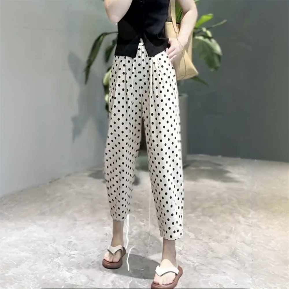 薄款弹力直筒休闲裤女2025夏季新款显瘦哈伦裤大码遮肉波点萝卜裤