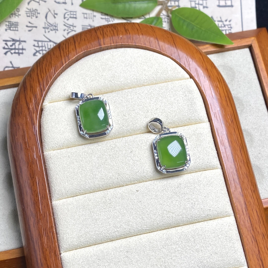 S925银和田玉碧玉方形吊坠-约14*12*1mm-ZPBY120-2-HYT多样性发一