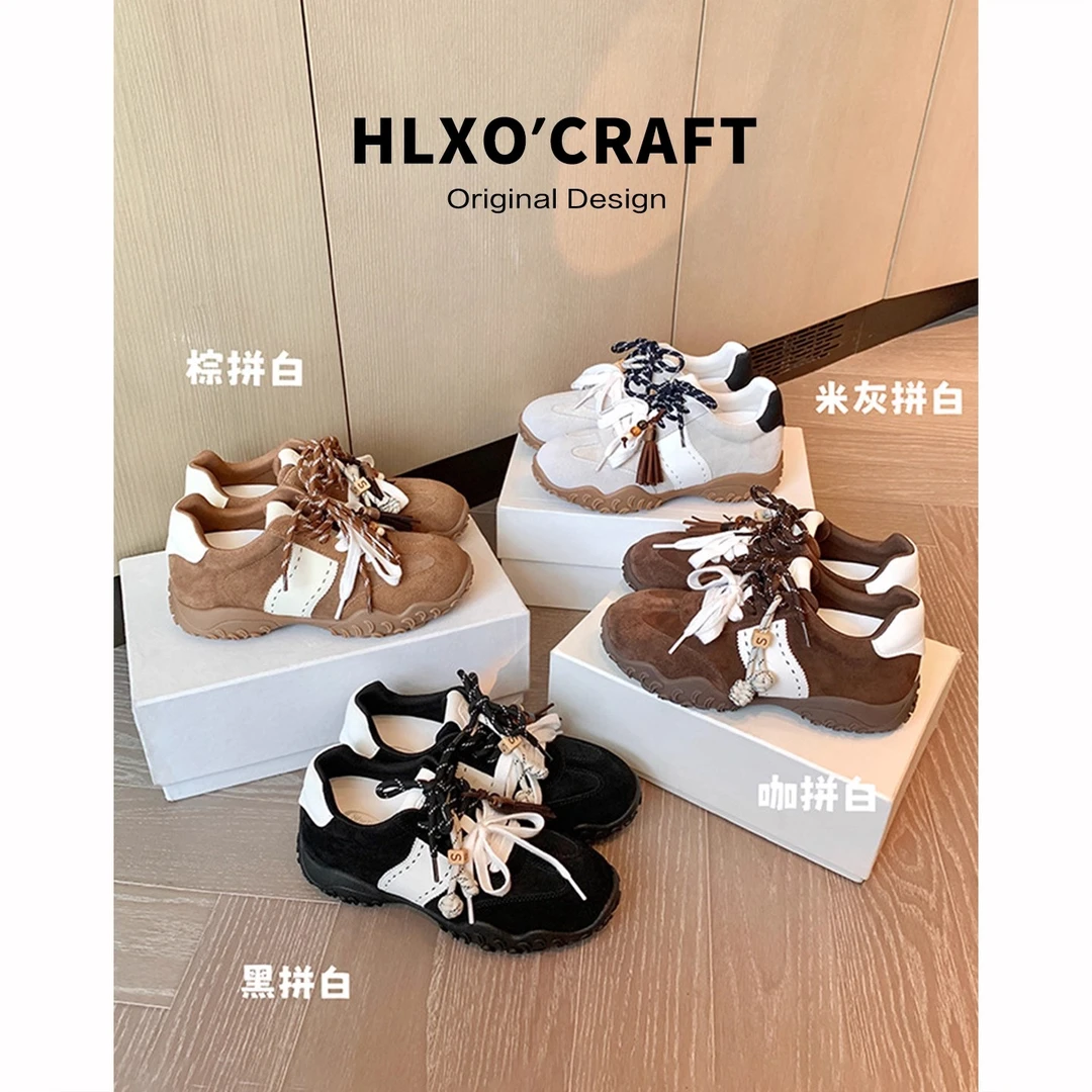 羊皮版~8cm内增高德训鞋女2025新款月牙厚底鸳鸯鞋带运动休闲鞋女
