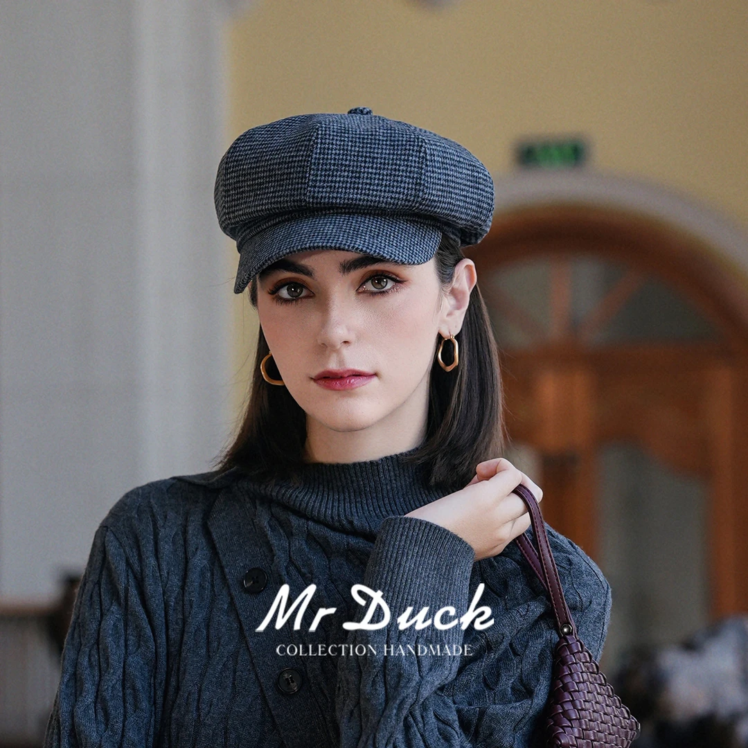 Mr DUCK海德 复古氛围感羊毛混纺千鸟格报童帽八角帽显脸小