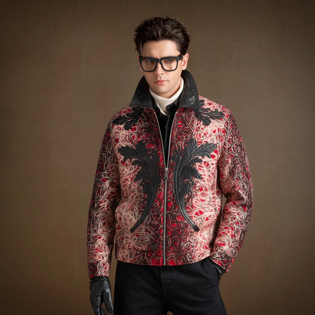 言吉高端巴洛克拼皮提花夹克潮流立体浮雕刺绣男休闲外套YJ58821