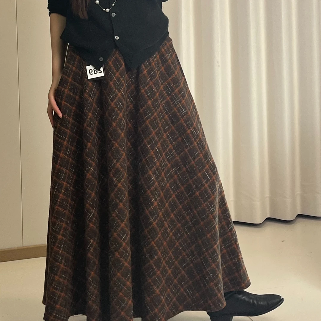 【慧】289大摆毛呢高腰格子复古百搭中长裙半身裙女2025秋冬新款