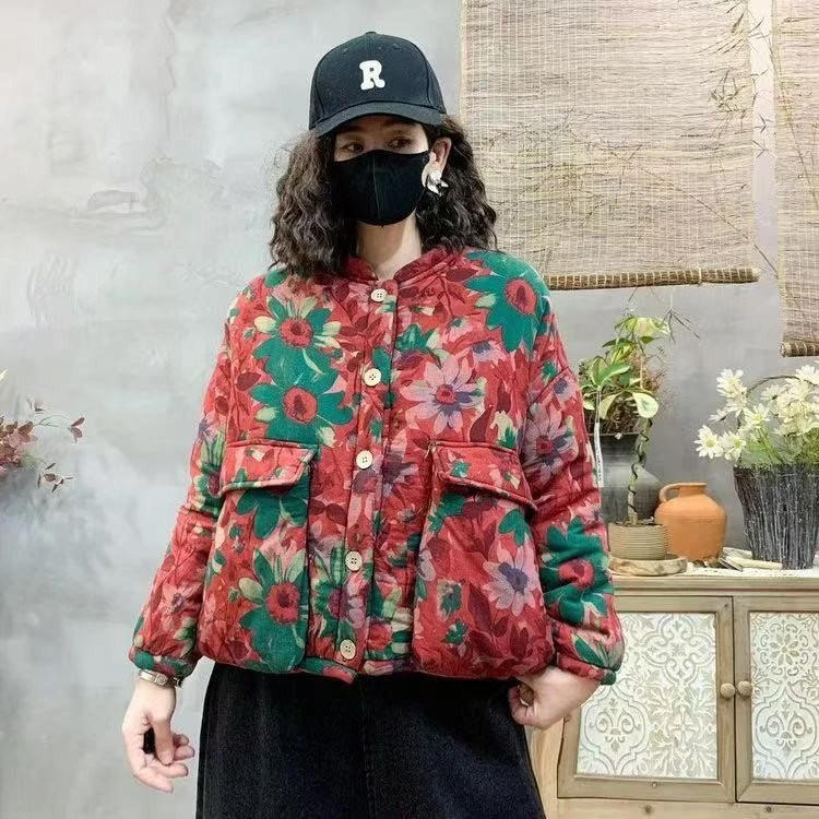 冬季新款宽松加厚棉服2025复古民族风印花保暖外套