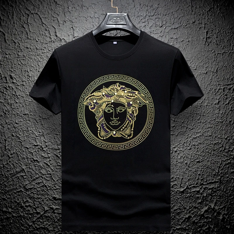 美杜莎范思男士夏季高奢冰丝休闲圆领短袖T恤烫钻时尚潮牌大码男