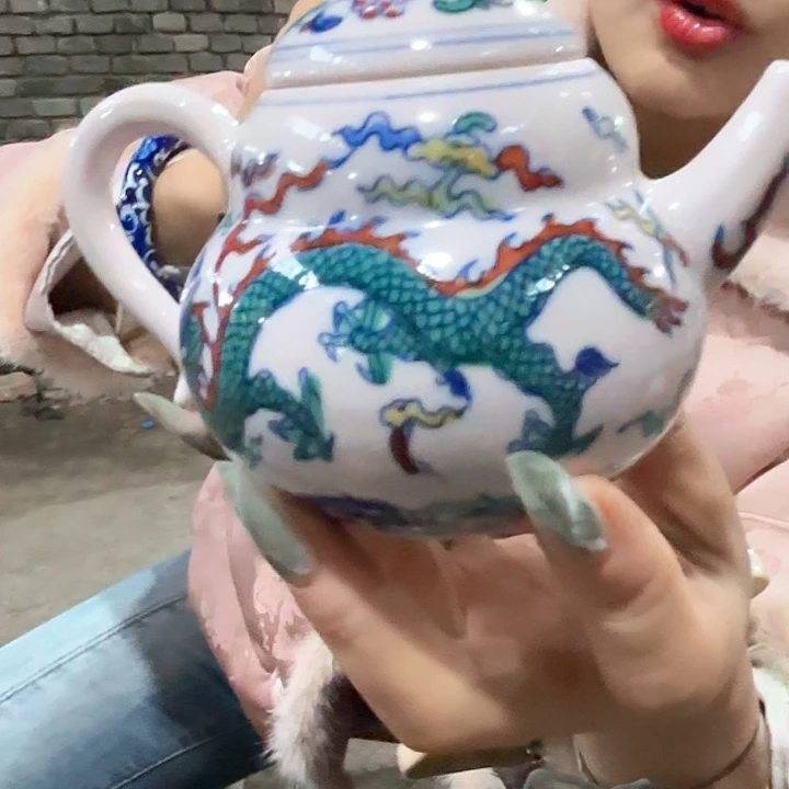 摆件景德镇高温陶瓷龙纹斗彩葫芦壶