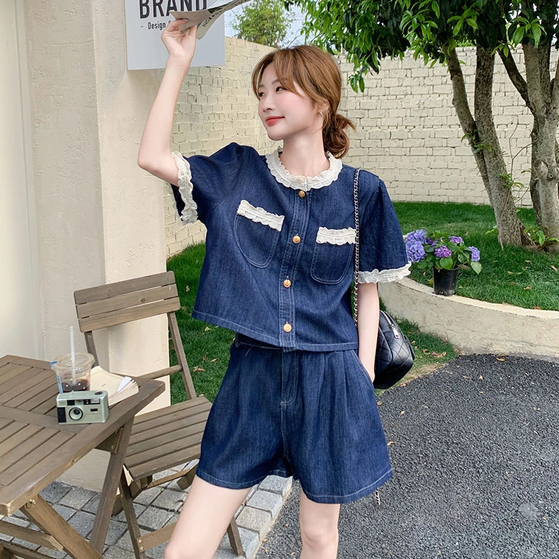 时尚小香风蕾丝花边时尚牛仔套装女2025夏季轻薄款牛仔短裤两件套