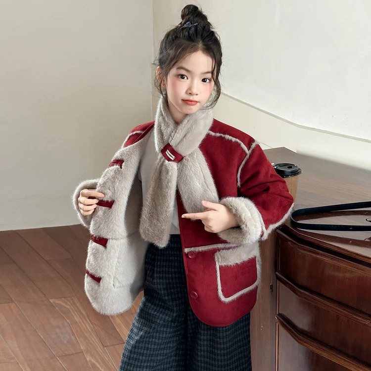儿童过年服装女童冬装外套6-12岁潮款高级感中大童拜年服加绒加厚