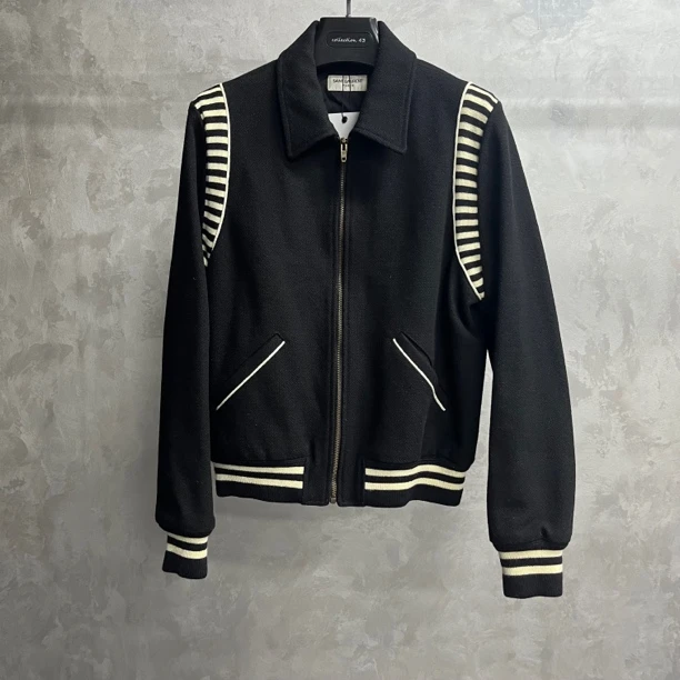99新 YSL/圣罗兰 黑色斑马纹翻领拉链棒球服夹克/48码