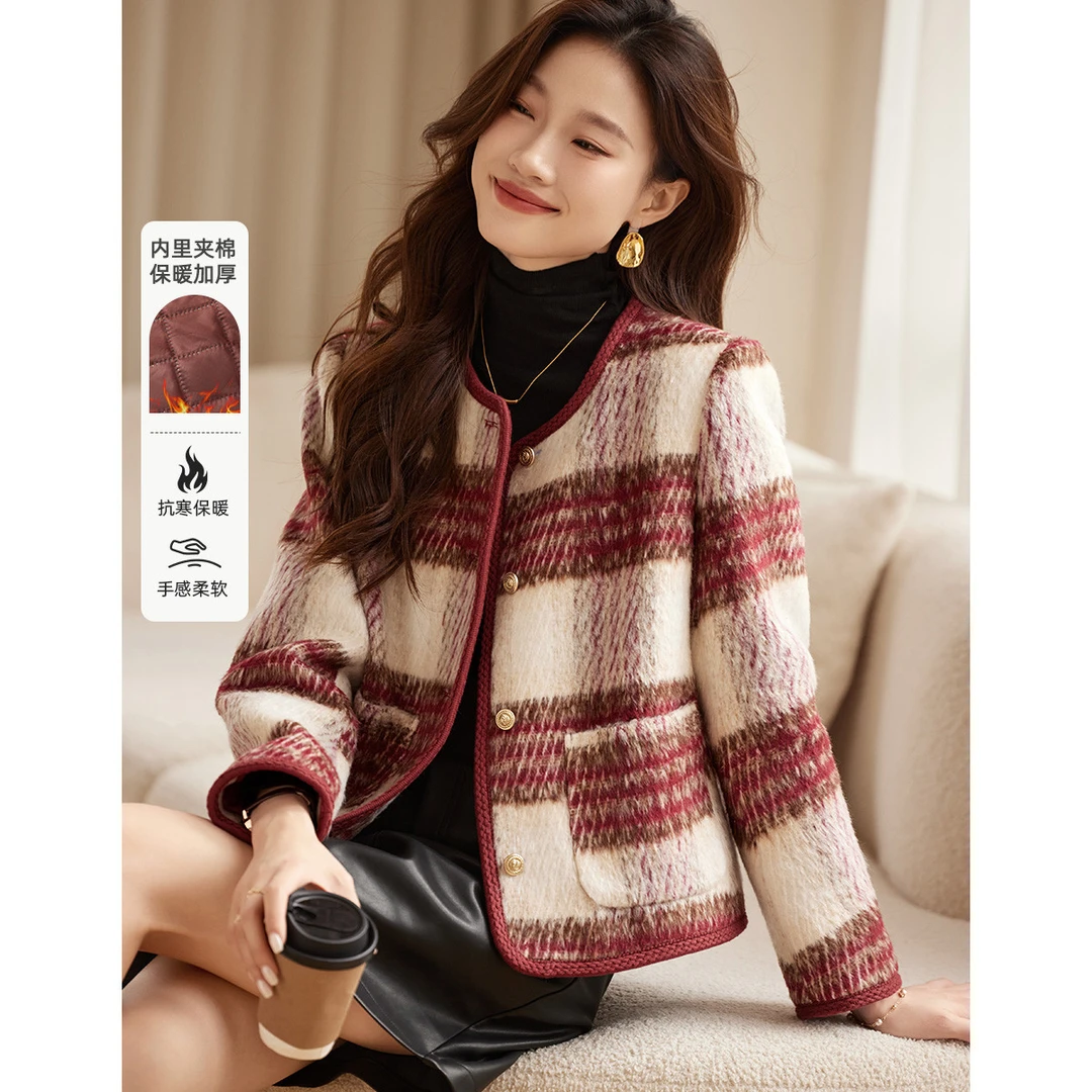 小香风安可拉红格纹毛呢外套女秋冬季小个子时尚短款复古气质上衣