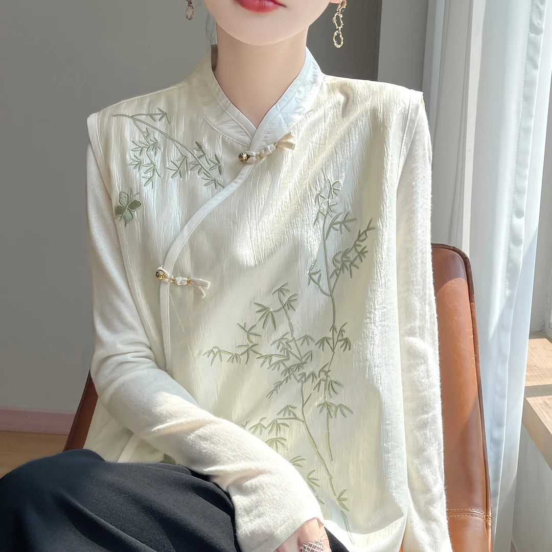 新中式国风富贵竹刺绣设计无肩连袖马甲女斜襟盘扣百搭宽松打底衫