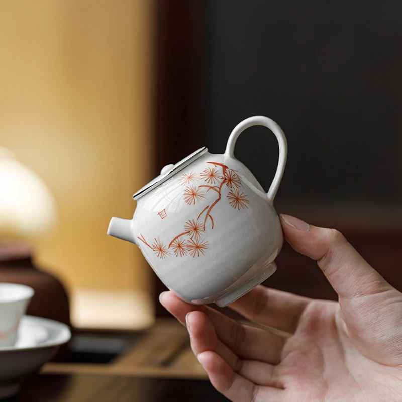 草木灰手绘矾红松风泡茶壶陶瓷泡茶器家用复古功夫茶具单个茶壶