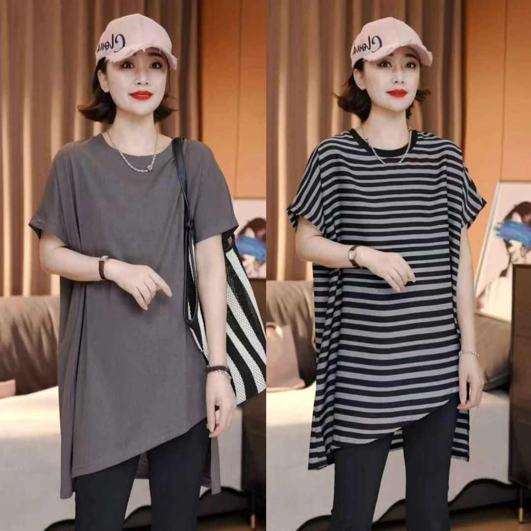 韩版时尚不规则下摆飞袖纯色T恤气质显瘦宽松遮肉短袖洋气上衣