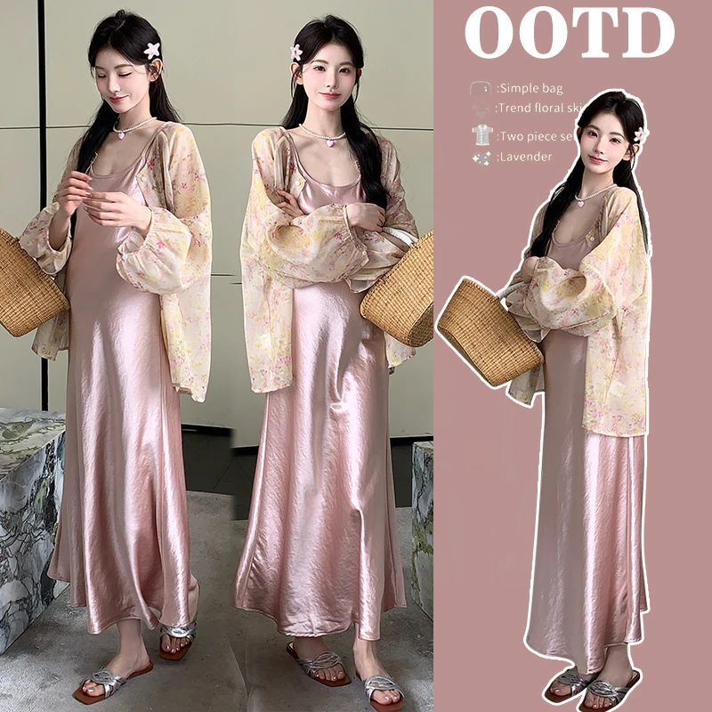 孕妇装夏季轻奢风高级感穿搭新中式风醋酸绸缎吊带裙套装