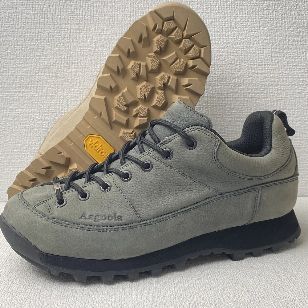 Angoola头层牛皮V底户外中帮休闲鞋防水徒步鞋登山鞋零磨合轻便