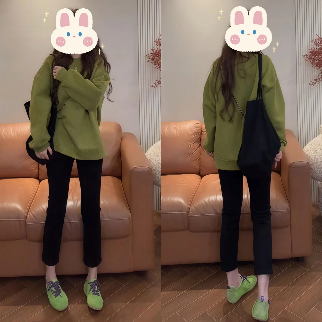 纯色百搭宽松长袖打底卫衣+休闲显瘦高腰直筒水洗牛仔裤BB50295