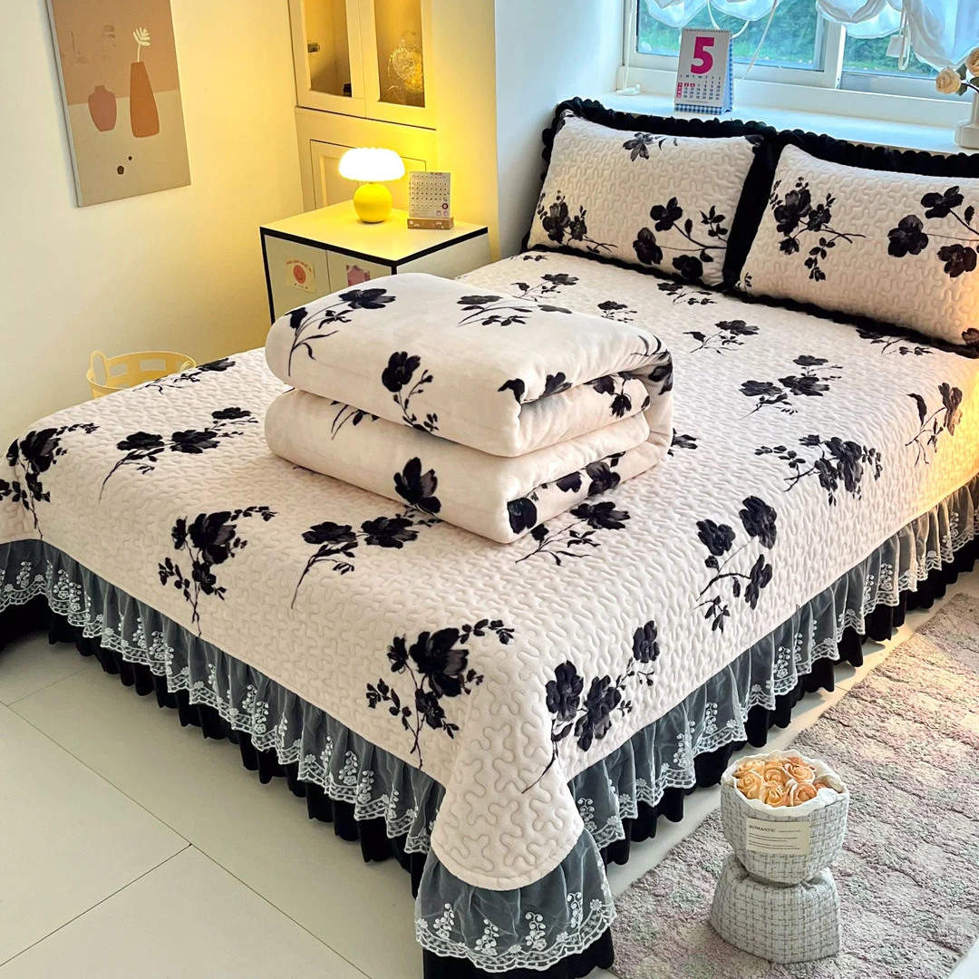 新款床盖牛奶绒四件套夹棉加厚防滑床盖三件套加绒床裙款双面绒