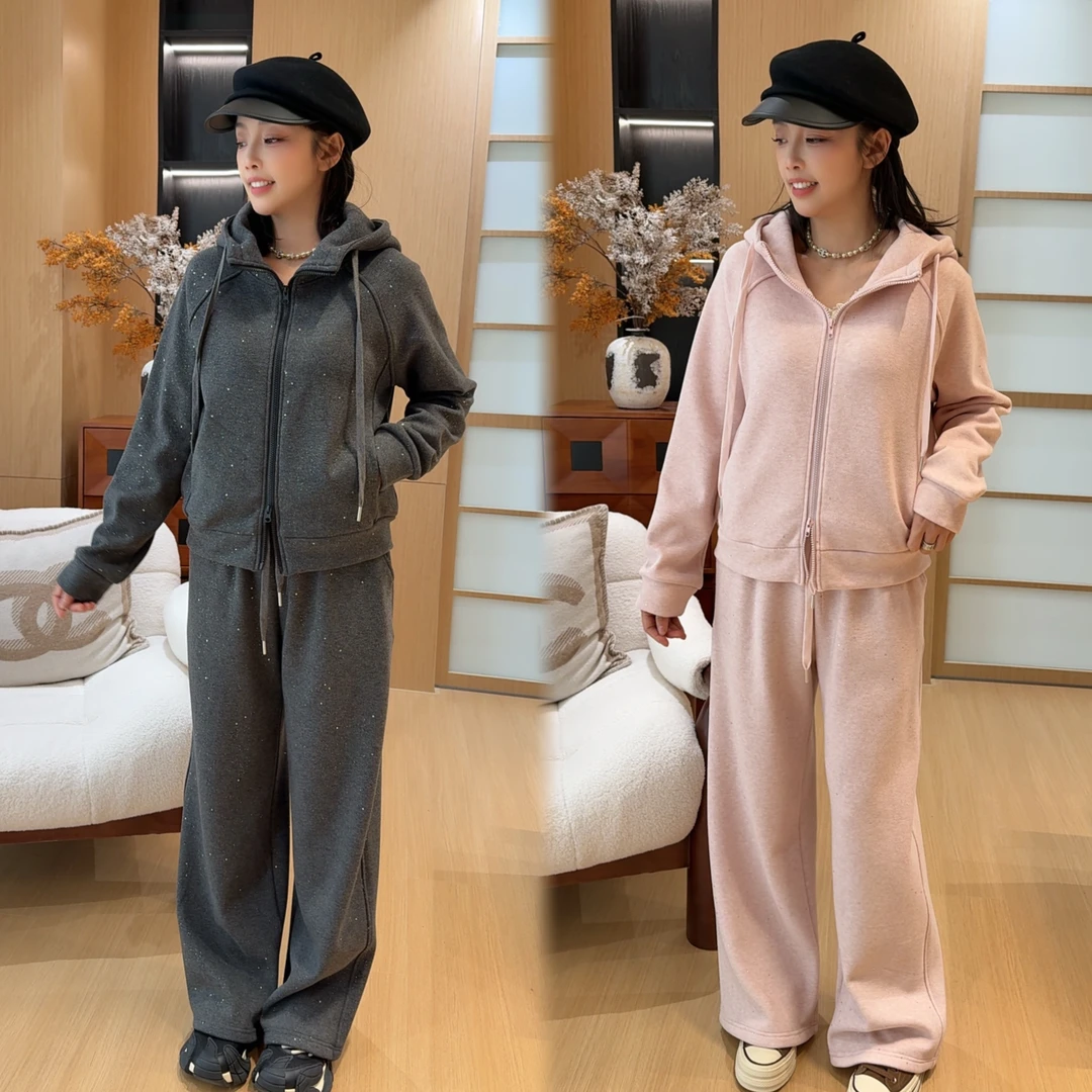 二姐的宝藏冬季新款时尚气质休闲亮片连帽加绒长袖套装#25490