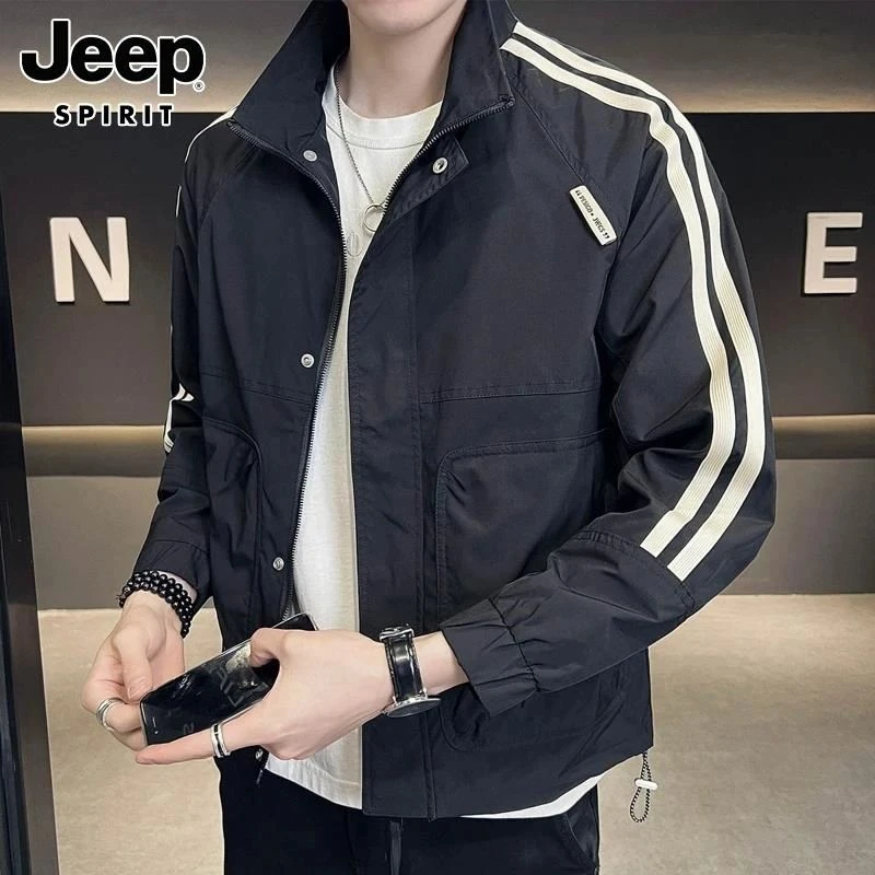 吉普JEEP SPIRIT夹克男女春秋潮牌宽松立领工装夹克拼接外套