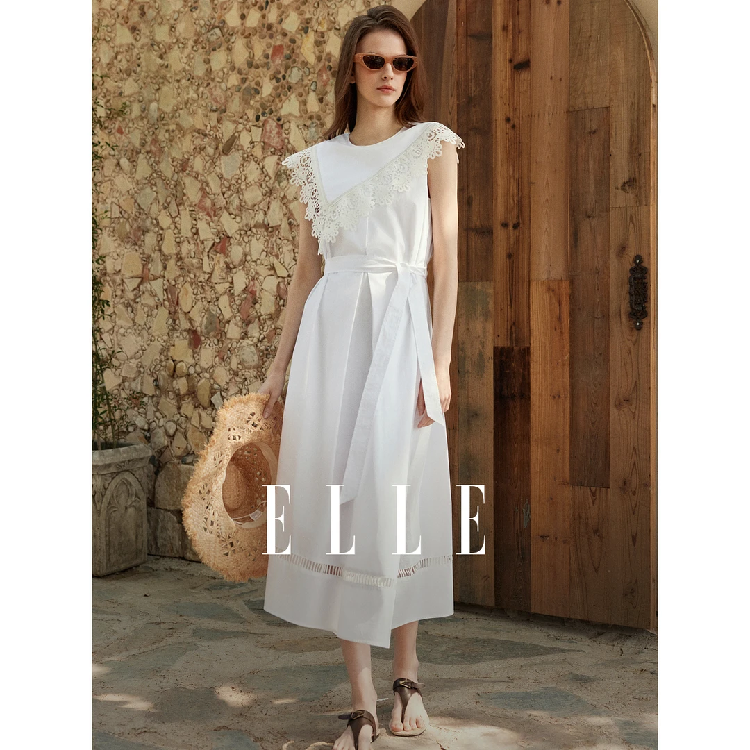 【ELLE】淑女风拼接花边连衣裙女2025夏季新款优雅法式长裙EL50898