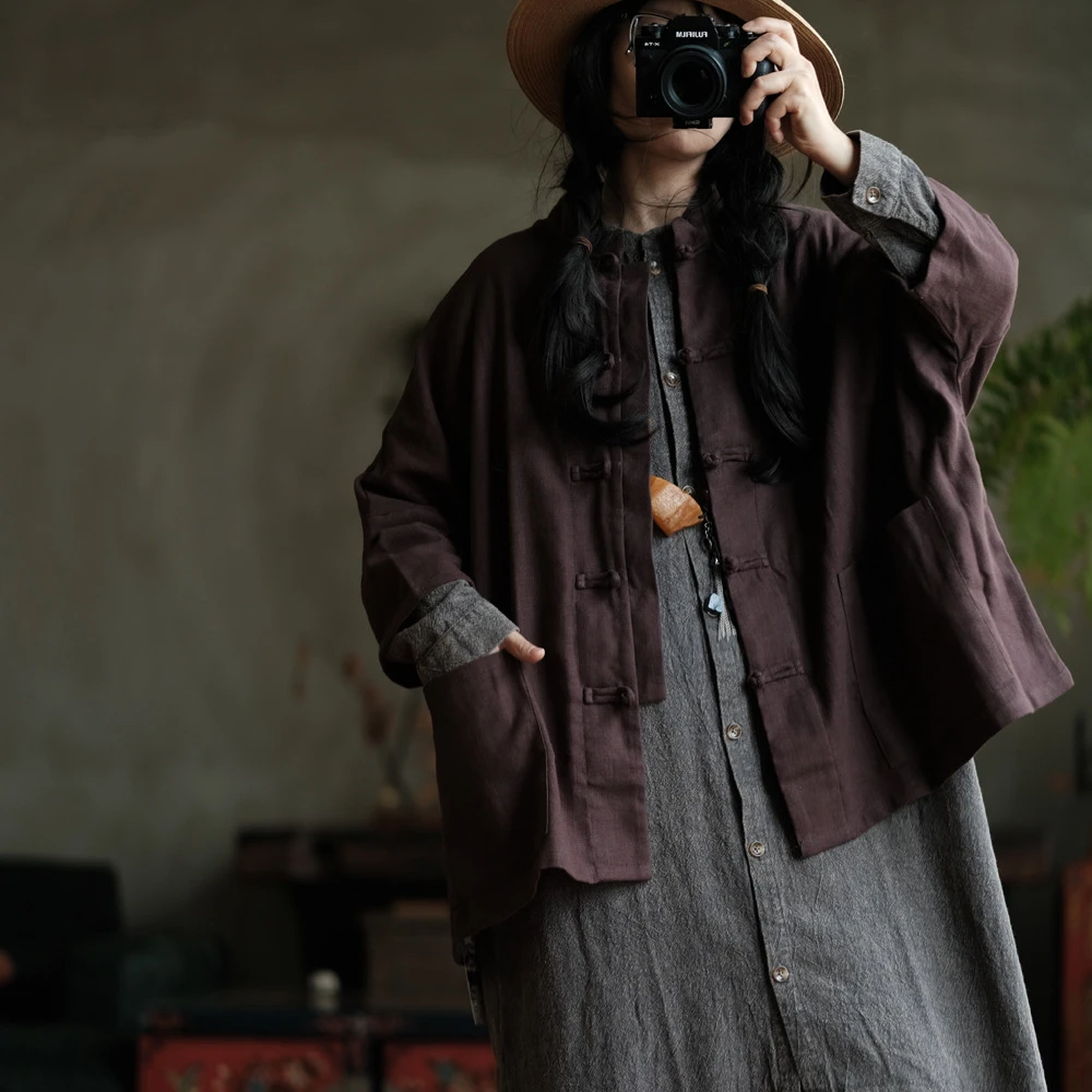 小泥姑娘复古水洗亚麻中式盘扣蝙蝠袖外套1274咖