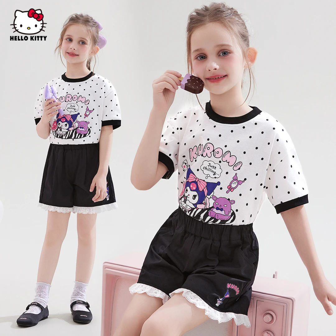 【酷洛米联名款】女童夏季套装2025新款蕾丝裤腿波点上衣套装