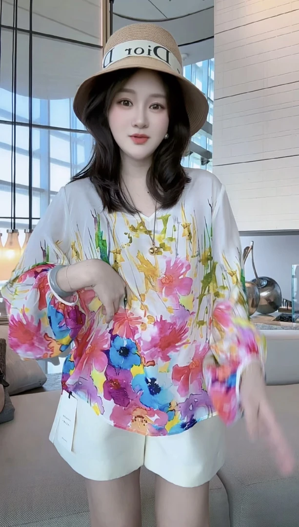 【丝芙玉禄】（F500）100%真丝双绉创意印花彩色桑蚕丝t恤上衣