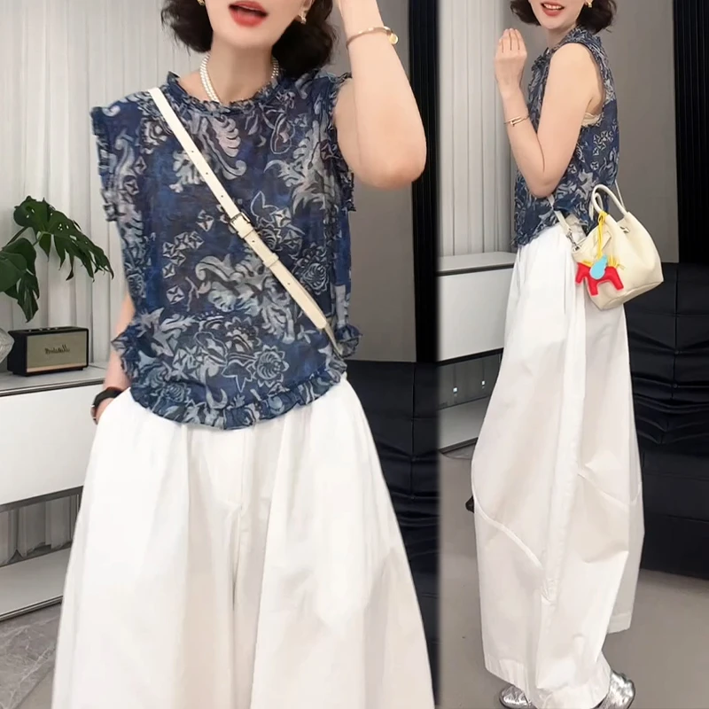 印花无袖上衣高腰纯色休闲裤套装女士2025夏季新款时尚爆款两件套