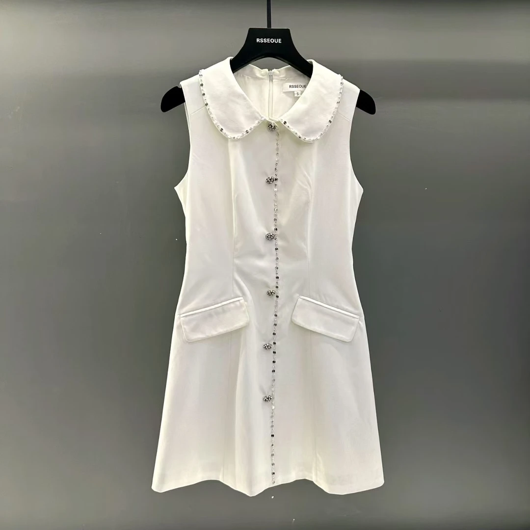 高级感连衣裙2025春夏季新款娃娃领镶钻无袖收腰显瘦背心裙女